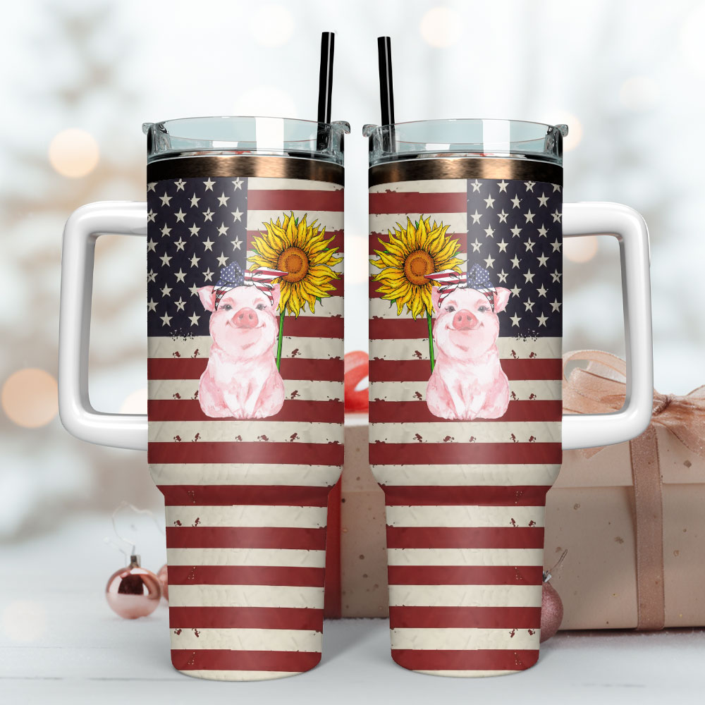 Patriotic Pig Sunflower American Flag Custom Stanley Quencher 40Oz Stainless Steel Tumbler With Handle - Image 3