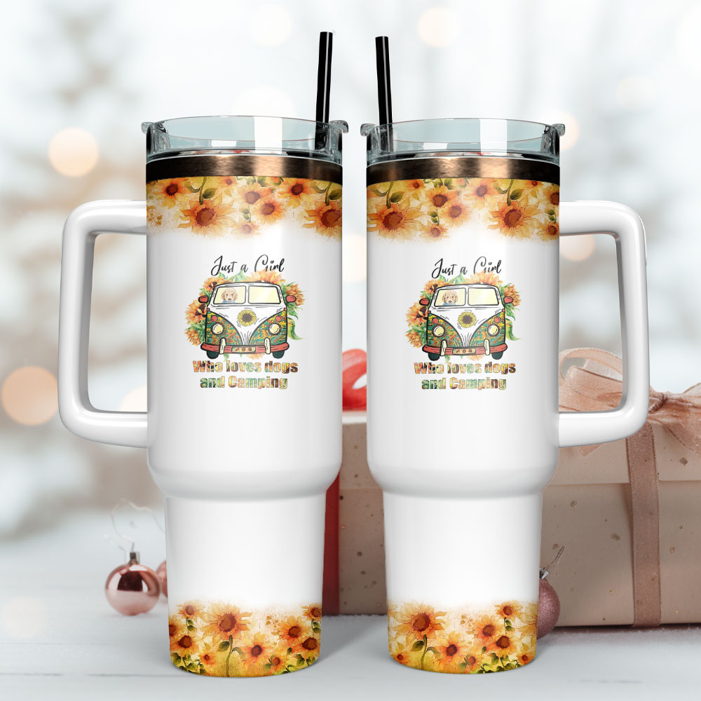 Sunflower Girl Dog Camping Hippie Custom Stanley Quencher 40Oz Stainless Steel Tumbler With Handle - Image 3