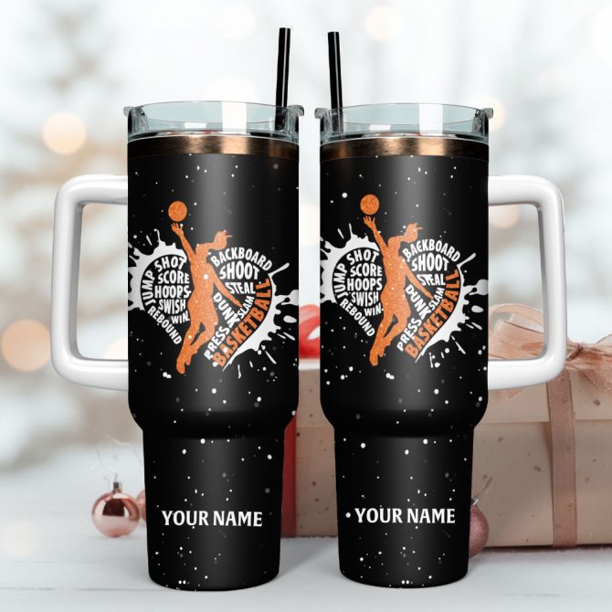 Basketball Artwork Sport Custom Stanley Quencher 40Oz Stainless Steel Tumbler With Handle - Image 3