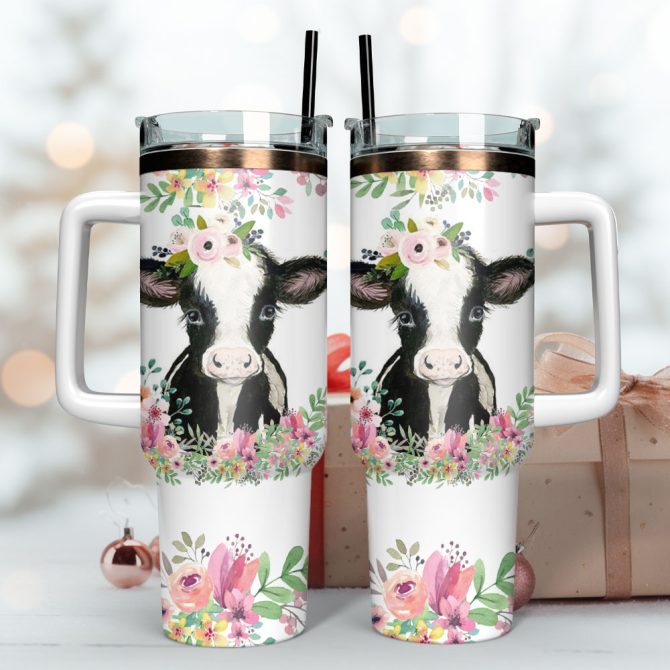 Baby Cow Flower Arkwork Custom Stanley Quencher 40Oz Stainless Steel Tumbler With Handle - Image 3