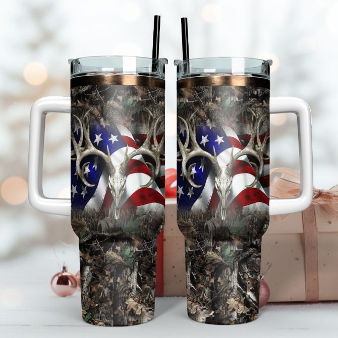 American Flag Deer Horn Artwork Custom Stanley Quencher 40Oz Stainless Steel Tumbler With Handle - Image 3