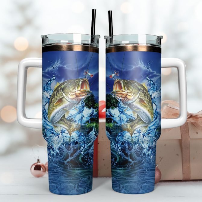 Fishing Hunter Hooked Blue Sport Custom Stanley Quencher 40Oz Stainless Steel Tumbler With Handle - Image 3