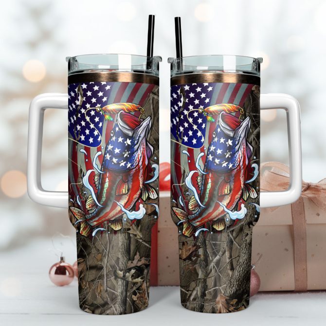 Cool Fishing American Flag Design Artwork Custom Stanley Quencher 40Oz Stainless Steel Tumbler With Handle - Image 3