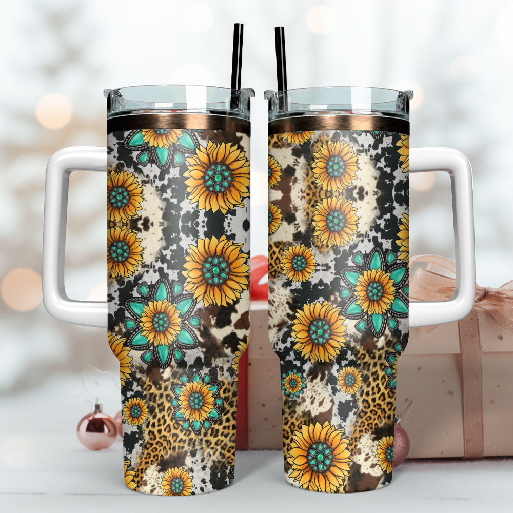 Sunflowers On Animal Prints Artwork Custom Stanley Quencher 40Oz Stainless Steel Tumbler With Handle - Image 3