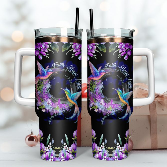 Couple Hummingbirds Flowers Artwork Custom Stanley Quencher 40Oz Stainless Steel Tumbler With Handle - Image 3