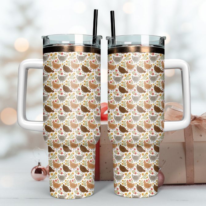 Flower Chicken Pattern Artwork Custom Stanley Quencher 40Oz Stainless Steel Tumbler With Handle - Image 3