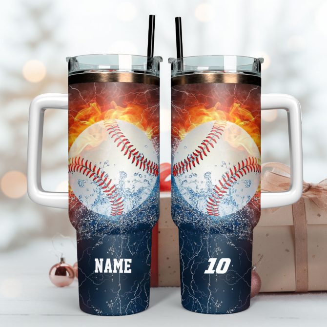 Homerun Flying Baseball Artwork Sport Custom Stanley Quencher 40Oz Stainless Steel Tumbler With Handle - Image 3