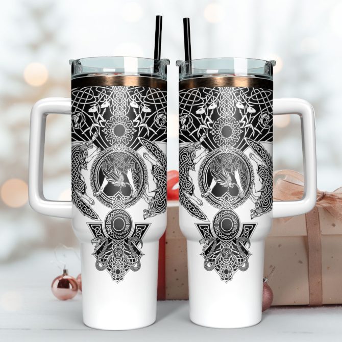 Black White Sagas Tattoo Pattern Games Custom Stanley Quencher 40Oz Stainless Steel Tumbler With Handle - Image 3