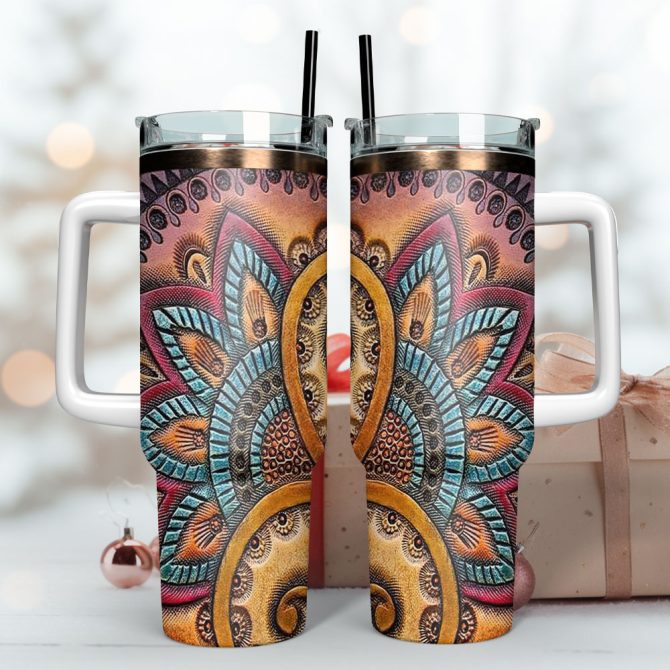 Bohemian Pattern Artwork Custom Stanley Quencher 40Oz Stainless Steel Tumbler With Handle - Image 3