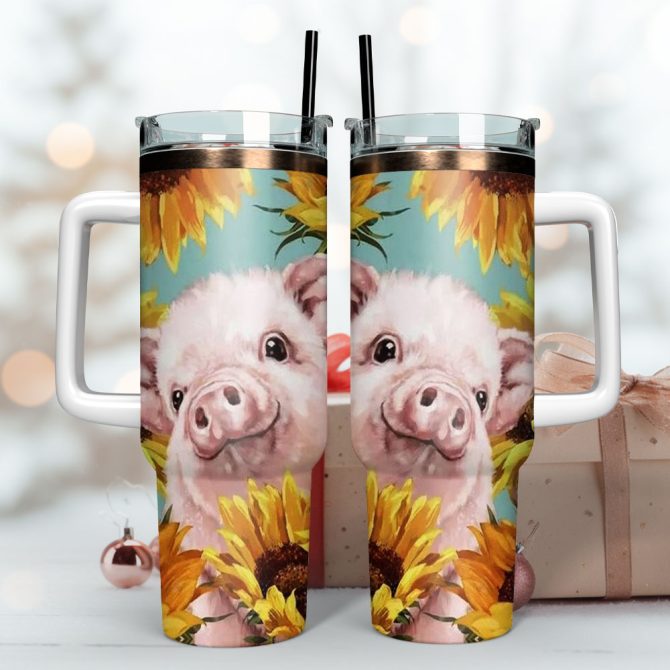 Cute Piglet Sunflower Artwork Custom Stanley Quencher 40Oz Stainless Steel Tumbler With Handle - Image 3