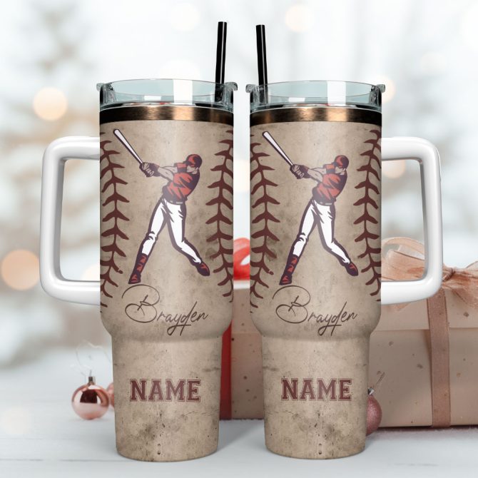 Brayden Taylor Baseball Player Bat Sport Custom Stanley Quencher 40Oz Stainless Steel Tumbler With Handle - Image 3