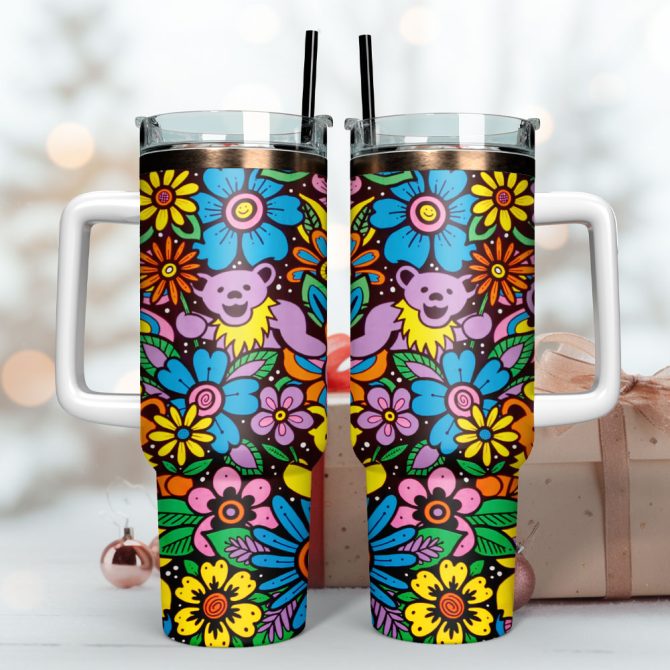 Hippie Colorful Flower Artwork Custom Stanley Quencher 40Oz Stainless Steel Tumbler With Handle - Image 3