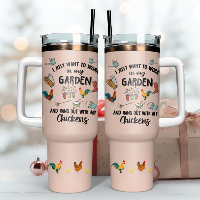 Garden Chicken Sketch Artwork Custom Stanley Quencher 40Oz Stainless Steel Tumbler With Handle - Image 3
