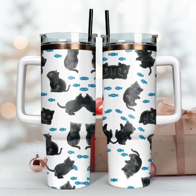 Cute Black Cat And Fish Pattern Artwork Custom Stanley Quencher 40Oz Stainless Steel Tumbler With Handle - Image 3