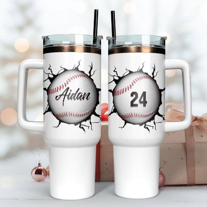 Baseball Artwork Custom Stanley Quencher 40Oz Stainless Steel Tumbler With Handle - Image 3