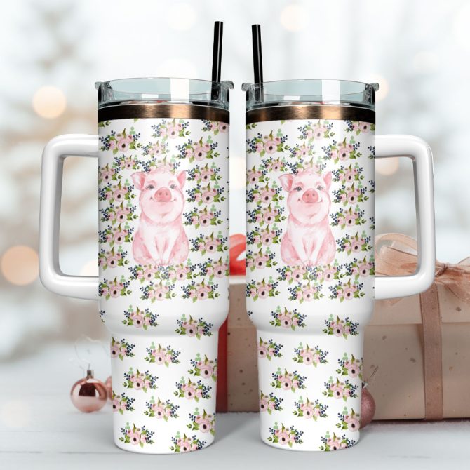 Cute Pig Art Custom Stanley Quencher 40Oz Stainless Steel Tumbler With Handle - Image 3