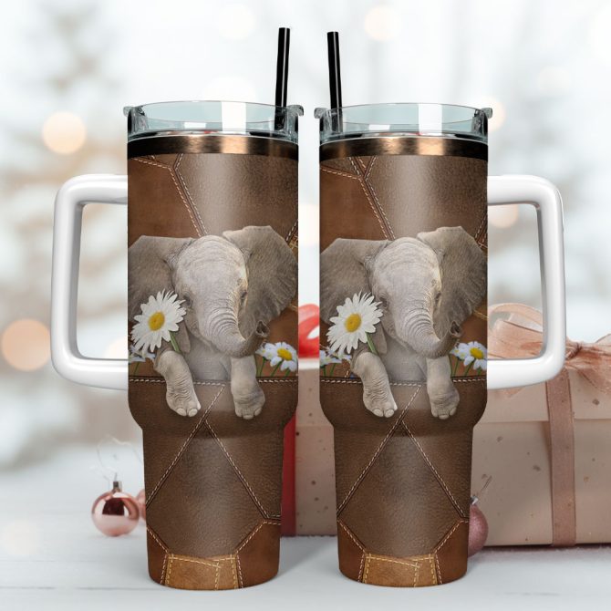 Cute Elephant Art Custom Stanley Quencher 40Oz Stainless Steel Tumbler With Handle - Image 3