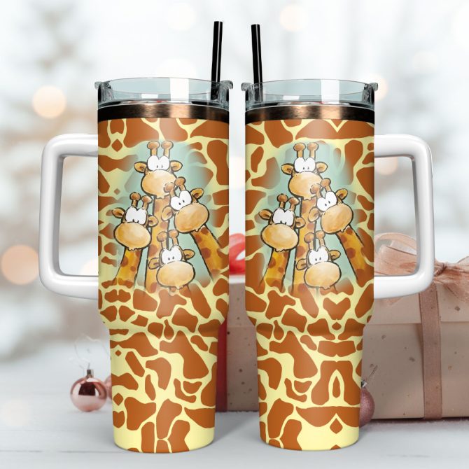 Cute Giraffe Artwork Custom Stanley Quencher 40Oz Stainless Steel Tumbler With Handle - Image 3