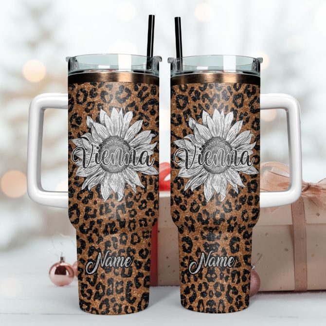 Flower And Leopard Artwork Custom Stanley Quencher 40Oz Stainless Steel Tumbler With Handle - Image 3