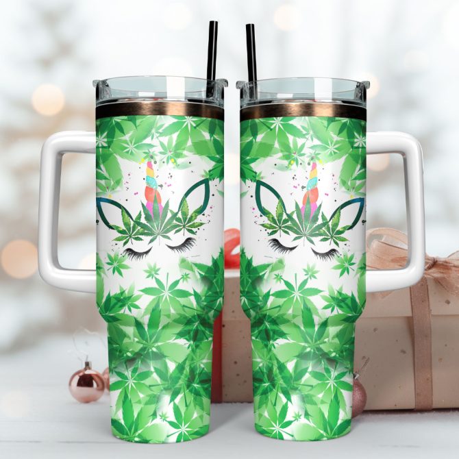 Funny Unicorn Weed Art Custom Stanley Quencher 40Oz Stainless Steel Tumbler With Handle - Image 3