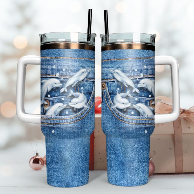 Dolphin Girl Jean Custom Stanley Quencher 40Oz Stainless Steel Tumbler With Handle - Image 3