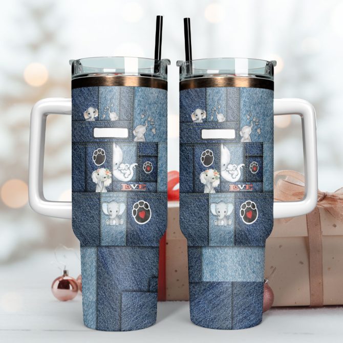 Elephant Mom Hug Son Jean Custom Stanley Quencher 40Oz Stainless Steel Tumbler With Handle - Image 2