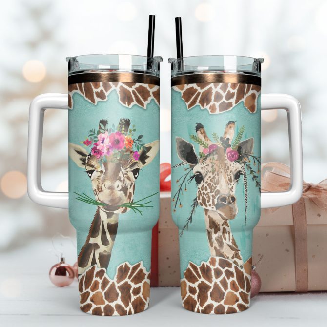 Giraffe And Flowers Custom Stanley Quencher 40Oz Stainless Steel Tumbler With Handle - Image 3
