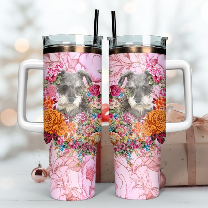 Dog And Flowers Custom Stanley Quencher 40Oz Stainless Steel Tumbler With Handle - Image 3