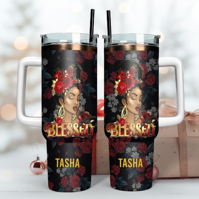 Black Woman Just Blessed Custom Stanley Quencher 40Oz Stainless Steel Tumbler With Handle - Image 3
