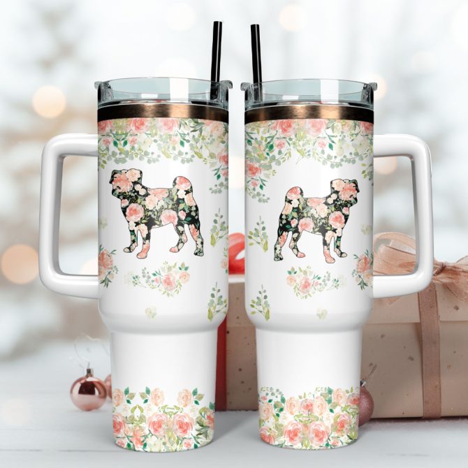Dog And Flowers Artwork Custom Stanley Quencher 40Oz Stainless Steel Tumbler With Handle - Image 3