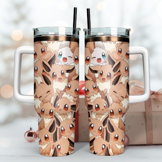 Eevee Pokemon Anime Custom Stanley Quencher 40Oz Stainless Steel Tumbler With Handle - Image 3