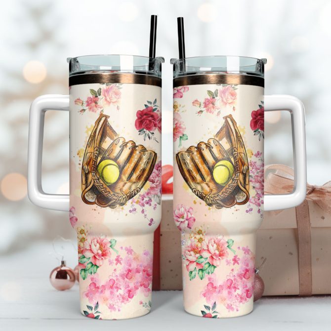 Baseball Glove And Ball Artwork Custom Stanley Quencher 40Oz Stainless Steel Tumbler With Handle - Image 3