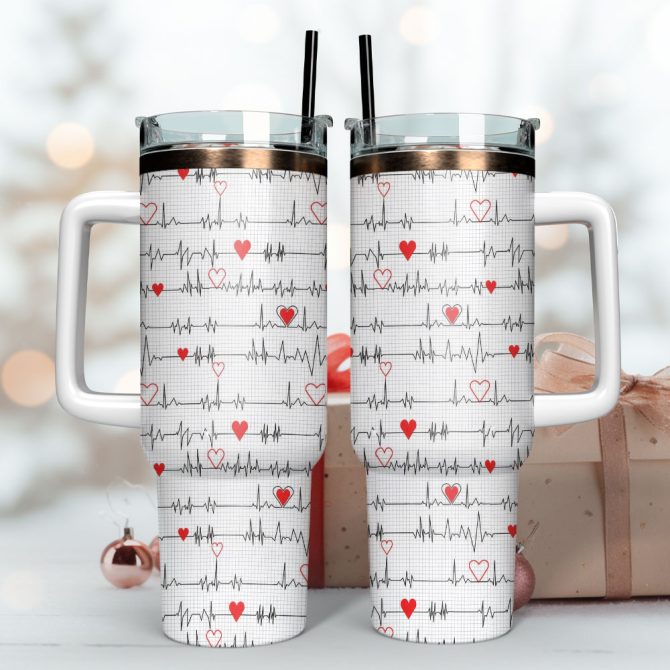 Heartbeat Line Artwork Custom Stanley Quencher 40Oz Stainless Steel Tumbler With Handle - Image 3