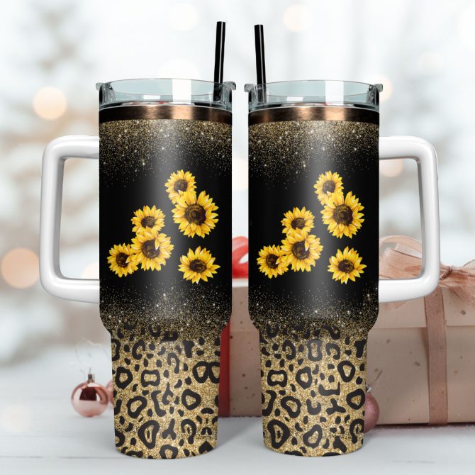 Flower And Leopard Artwork Custom Stanley Quencher 40Oz Stainless Steel Tumbler With Handle - Image 3