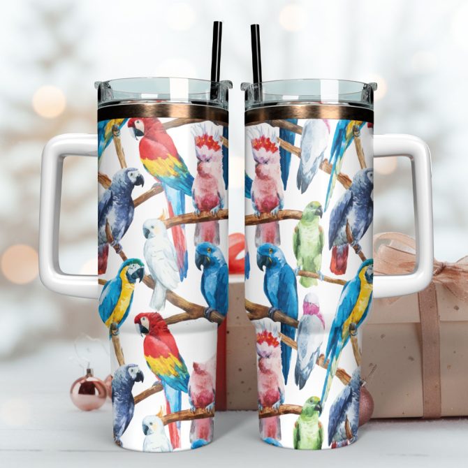Colorful Parrots Animal Custom Stanley Quencher 40Oz Stainless Steel Tumbler With Handle - Image 3