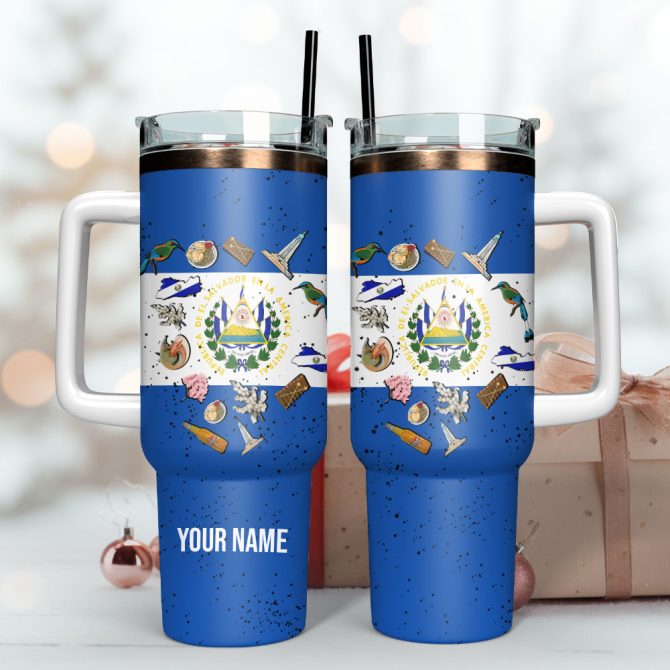 El Salvador Flag Symbols Custom Stanley Quencher 40Oz Stainless Steel Tumbler With Handle - Image 3