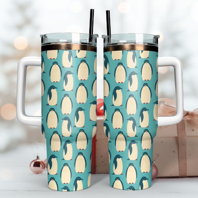 Cute Penguin Artwork Custom Stanley Quencher 40Oz Stainless Steel Tumbler With Handle - Image 3