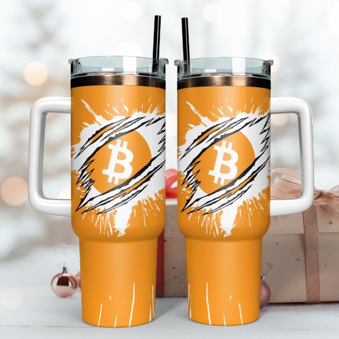 Bitcoin Logo Artwork Custom Stanley Quencher 40Oz Stainless Steel Tumbler With Handle - Image 3