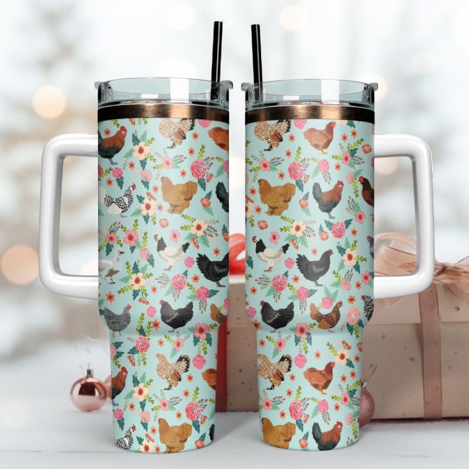 Chicken Breeds Floral Artwork Custom Stanley Quencher 40Oz Stainless Steel Tumbler With Handle - Image 3