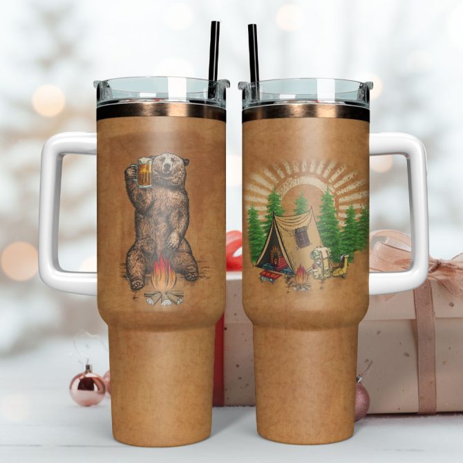 Bear Beer Camping Peace Animal Custom Stanley Quencher 40Oz Stainless Steel Tumbler With Handle - Image 3