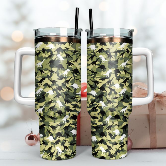 Dinosaur Camo Military Animal Custom Stanley Quencher 40Oz Stainless Steel Tumbler With Handle - Image 3