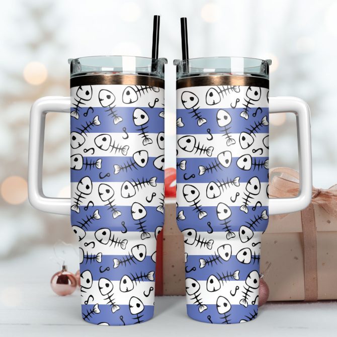 Fish Skeleton Artwork Custom Stanley Quencher 40Oz Stainless Steel Tumbler With Handle - Image 3