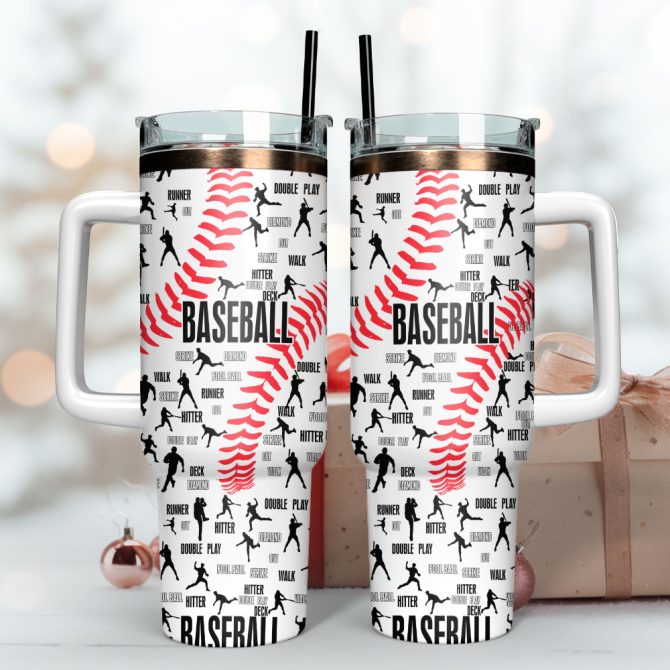 Baseball Artwork Custom Stanley Quencher 40Oz Stainless Steel Tumbler With Handle - Image 3