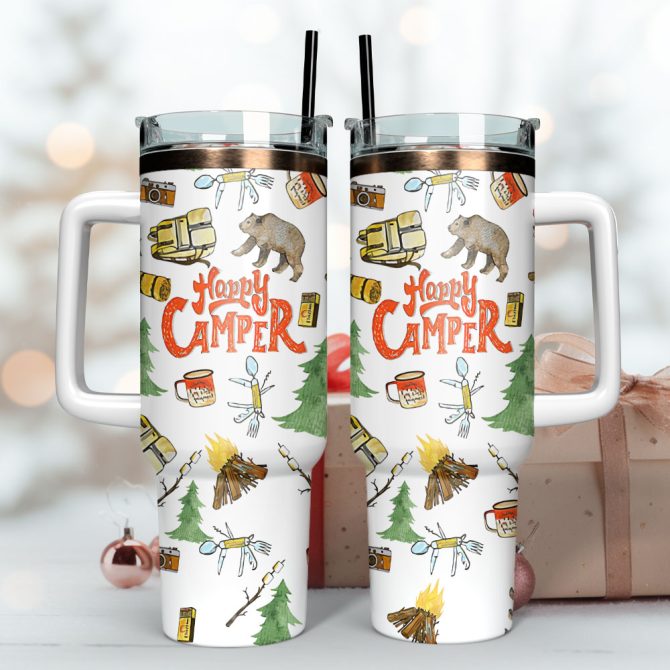 Happy Camper Artwork Custom Stanley Quencher 40Oz Stainless Steel Tumbler With Handle - Image 3