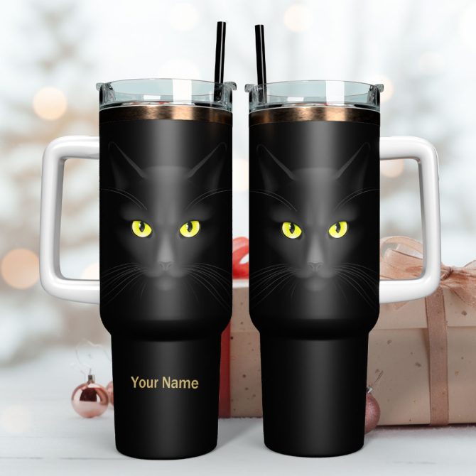 Black Cat Artwork Custom Stanley Quencher 40Oz Stainless Steel Tumbler With Handle - Image 3