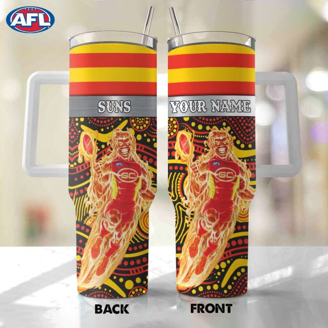 Afl Gold Coast Suns Mascot Custom Stanley Quencher 40Oz Stainless Steel Tumbler With Handle
