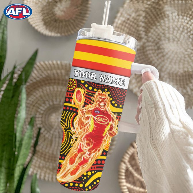 Afl Gold Coast Suns Mascot Custom Stanley Quencher 40Oz Stainless Steel Tumbler With Handle - Image 2