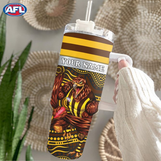 Afl Hawthorn Hawks Mascot Custom Stanley Quencher 40Oz Stainless Steel Tumbler With Handle - Image 2