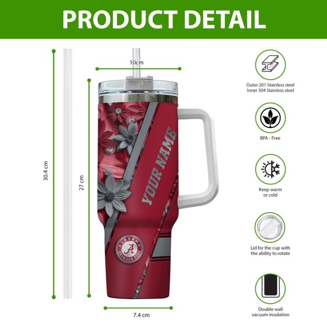 Alabama Crimson Tide Ncaa Custom Stanley Quencher 40Oz Stainless Steel Tumbler With Handle - Image 2