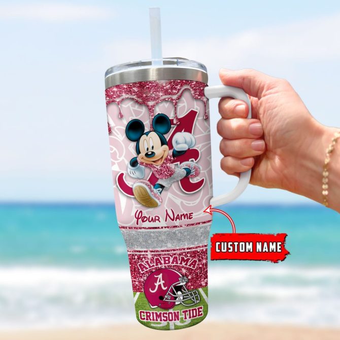 Alabama Crimson Tide Ncaa Mickey Mouse Glitter Custom Stanley Quencher 40Oz Stainless Steel Tumbler With Handle - Image 3
